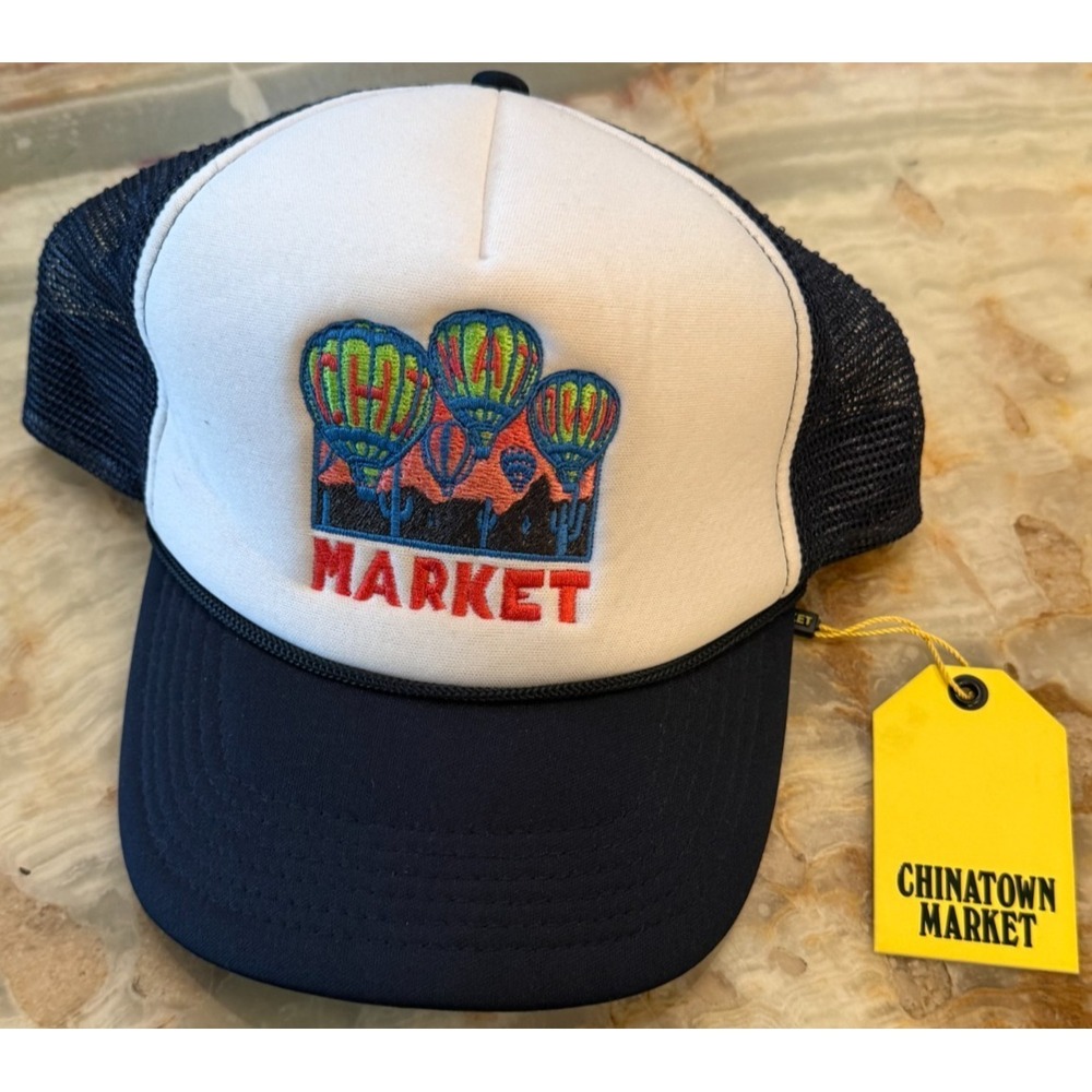 China Town Market Mens Trucker Hat White Blue Mesh Back Graphic Outdoor One Size